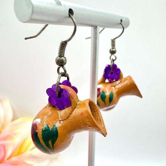 Handmade Hand Painted Clay Pot Dangle Earrings Folk Art Whimsical Floral Sequins - Picture 6 of 9